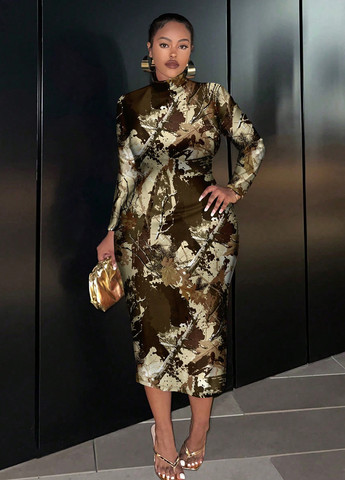 Коричневое праздничный, вечернее, кэжуал платье а-силуэт, платье-водолазка SHEIN с абстрактным узором