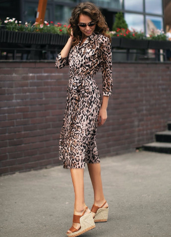 Кофейное кэжуал платье в леопардовый принт с плиссированной юбкой SL.IRA