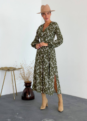 Оливковое (хаки) платье Liton с цветочным принтом