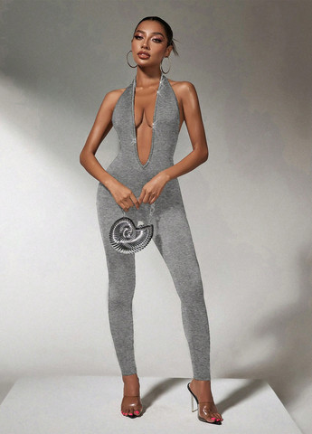 Комбінезон SHEIN комбінезон-брюки меланж сірий вечірній трикотаж, поліестер