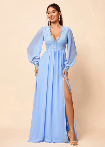 Блакитна вечірня сукня з спідницею-сонце, в стилі армпір SHEIN однотонна