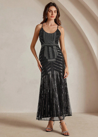 Черное праздничный, вечернее платье силуэтная, с открытой спиной SHEIN однотонное