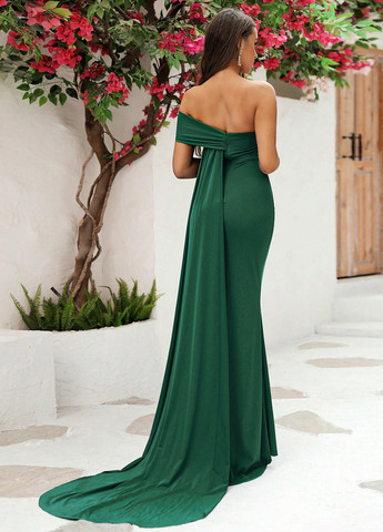 Зеленое вечернее платье годе, со шлейфом, на одно плечо SHEIN однотонное