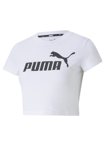 Футболка Essentials Slim Logo Women's Tee Puma однотонная белая спортивная полиэстер, хлопок, эластан