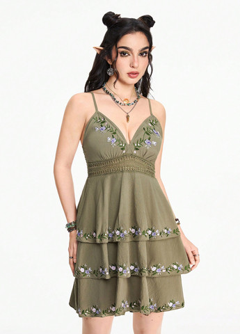 Оливкова (хакі) кежуал сукня а-силует SHEIN однотонна