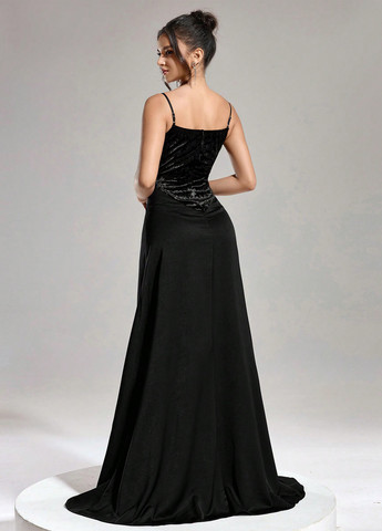 Черное праздничный, вечернее платье со шлейфом, а-силуэт, с корсетом SHEIN однотонное