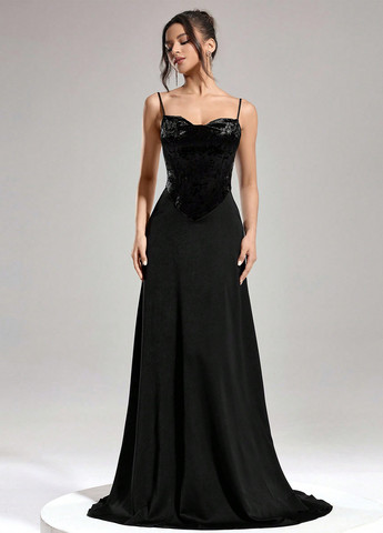 Черное праздничный, вечернее платье со шлейфом, а-силуэт, с корсетом SHEIN однотонное