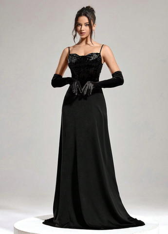 Черное праздничный, вечернее платье со шлейфом, а-силуэт, с корсетом SHEIN однотонное