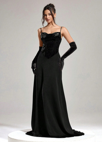 Черное праздничный, вечернее платье со шлейфом, а-силуэт, с корсетом SHEIN однотонное