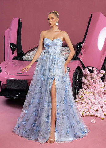 Блакитна святковий, вечірня сукня з пишною спідницею, з відкритою спиною SHEIN з квітковим принтом