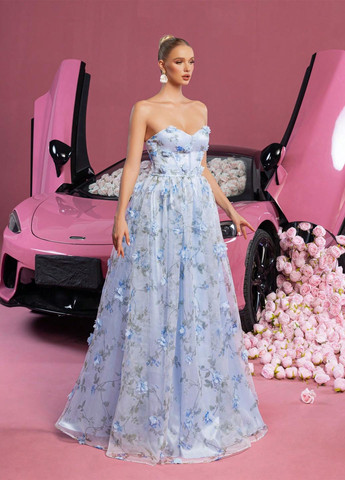 Блакитна святковий, вечірня сукня з пишною спідницею, з відкритою спиною SHEIN з квітковим принтом