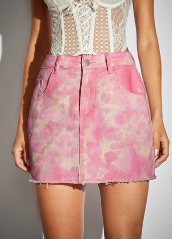 Светло-розовая кэжуал, джинсовая тай-дай юбка SHEIN а-силуэта (трапеция)
