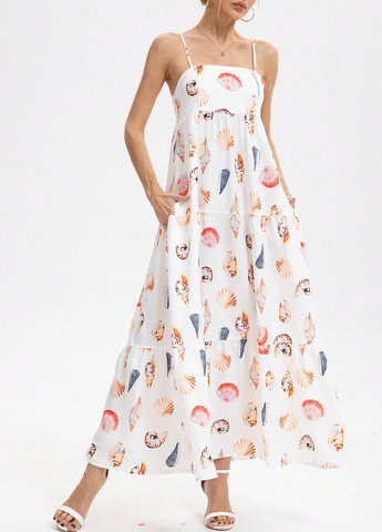 Белое праздничный, кэжуал, пляжное платье а-силуэт SHEIN морская тематика