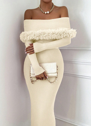 Кремовое вечернее платье с открытыми плечами SHEIN однотонное