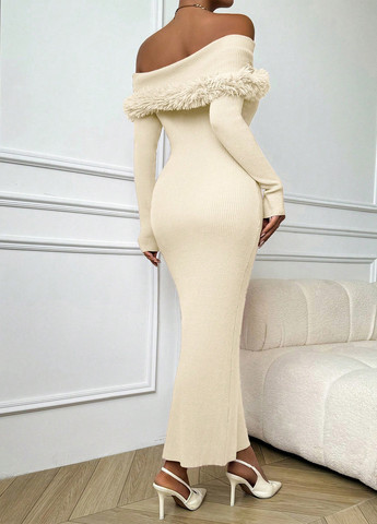 Кремовое вечернее платье с открытыми плечами SHEIN однотонное