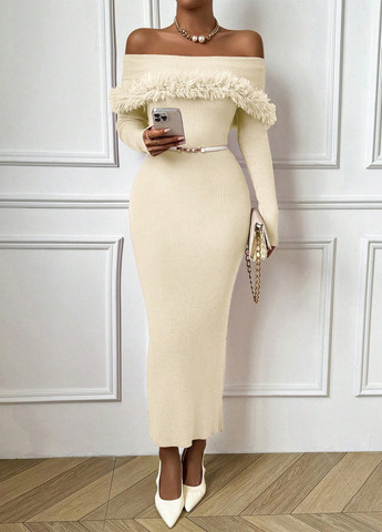 Кремовое вечернее платье с открытыми плечами SHEIN однотонное