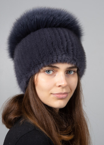 Женская зимняя шапка бини из натурального меха норки с большим помпоном из песца Меховой Стиль шарик (254953043)
