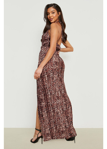 Коричневое вечернее, кэжуал платье плиссированное, с открытой спиной Boohoo леопардовый