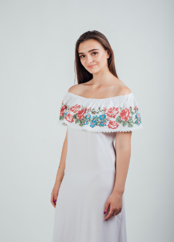 Платье Piccolo L с открытыми плечами цветочная белая свадебная хлопок