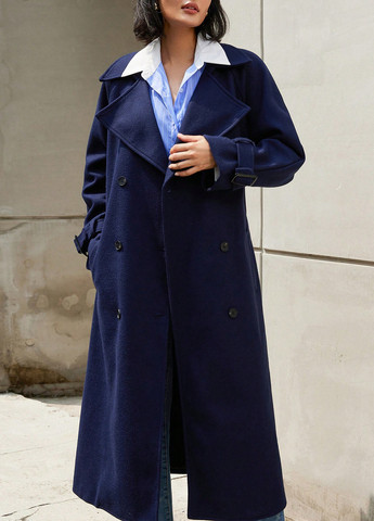 Темно-синє зимнє Пальто двобортне SHEIN