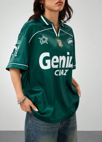 Зеленая женская футболка-поло SHEIN с надписью