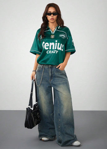 Зеленая женская футболка-поло SHEIN с надписью