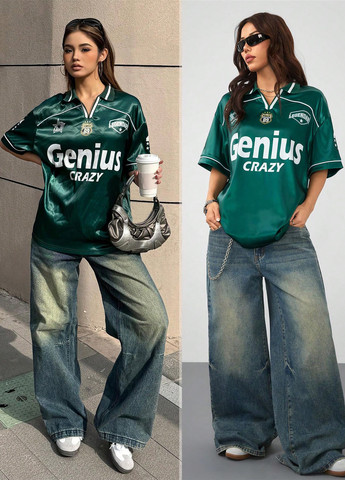 Зеленая женская футболка-поло SHEIN с надписью