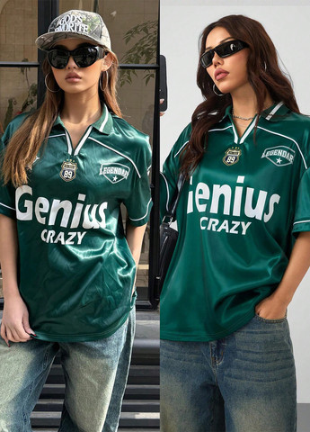 Зеленая женская футболка-поло SHEIN с надписью