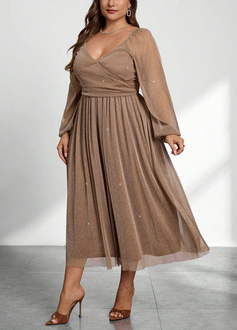 Коричневое вечернее платье на запах SHEIN однотонное