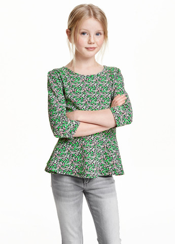 Зеленая цветочной расцветки блузка с баской H&M демисезонная
