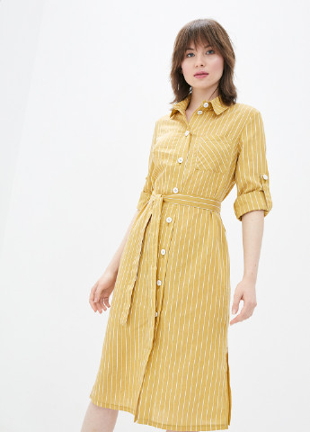Горчичное кэжуал платье желтое 1085 рубашка DANNA в полоску