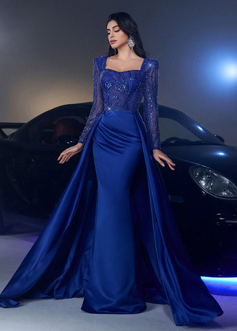 Темно-синее вечернее платье годе, со шлейфом SHEIN однотонное