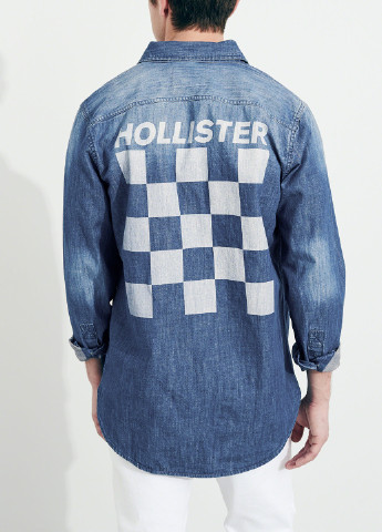 Синяя кэжуал рубашка однотонная Hollister с длинным рукавом