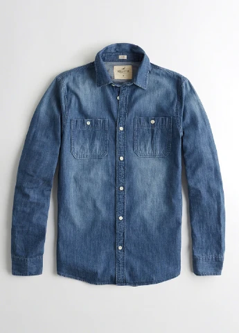 Синяя кэжуал рубашка однотонная Hollister с длинным рукавом