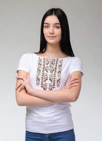 Женская вышитая футболка Естественная экспрессия белая с коричневым Melanika (250206207)