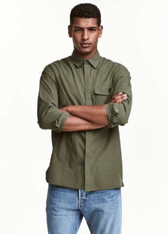 Оливковковая (хаки) кэжуал рубашка однотонная H&M с длинным рукавом