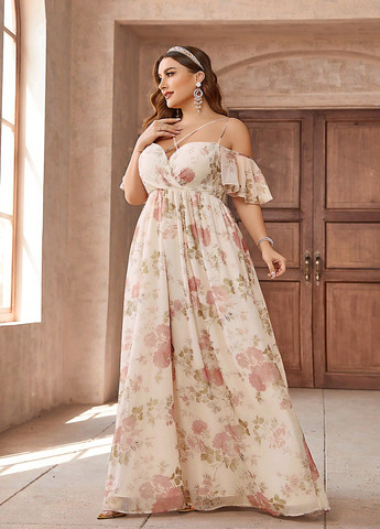 Светло-бежевое праздничный платье в стиле ампир, с открытыми плечами SHEIN с цветочным принтом