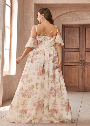 Светло-бежевое праздничный платье в стиле ампир, с открытыми плечами SHEIN с цветочным принтом