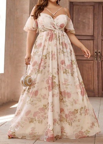 Светло-бежевое праздничный платье в стиле ампир, с открытыми плечами SHEIN с цветочным принтом