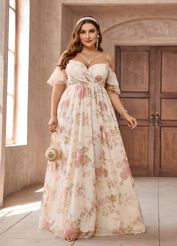 Светло-бежевое праздничный платье в стиле ампир, с открытыми плечами SHEIN с цветочным принтом