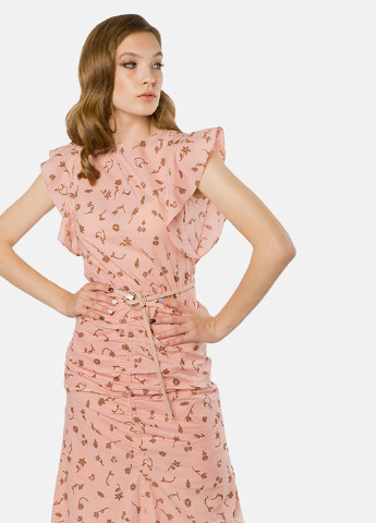 Персиковое кэжуал платье MR 520 с рисунком