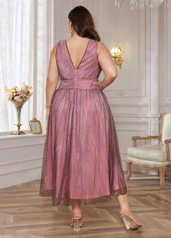 Розово-лиловое праздничный, вечернее, кэжуал платье на запах, а-силуэт, с открытой спиной SHEIN с абстрактным узором
