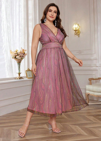 Розово-лиловое праздничный, вечернее, кэжуал платье на запах, а-силуэт, с открытой спиной SHEIN с абстрактным узором