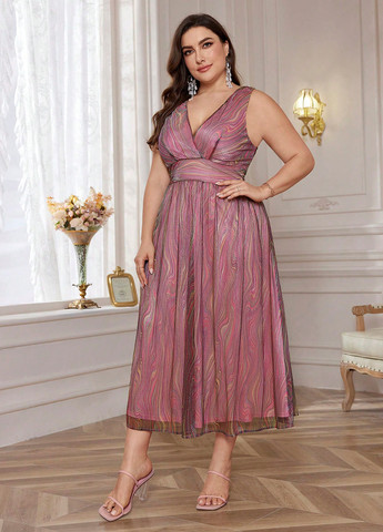 Розово-лиловое праздничный, вечернее, кэжуал платье на запах, а-силуэт, с открытой спиной SHEIN с абстрактным узором