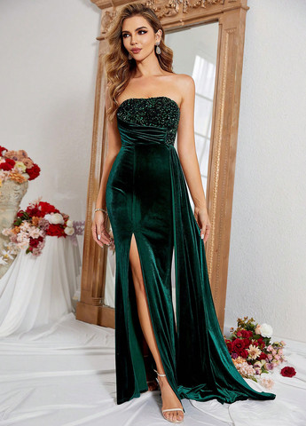 Изумрудное праздничный, вечернее платье со шлейфом, а-силуэт, с корсетом, с открытой спиной SHEIN однотонное