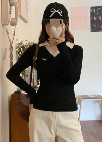 Черная женская футболка-поло SHEIN колор блок