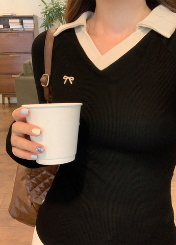 Черная женская футболка-поло SHEIN колор блок