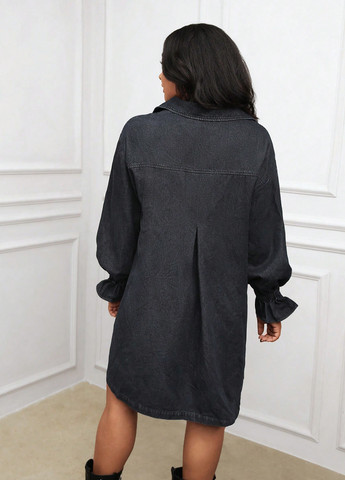 Темно-серое джинсовое, кэжуал платье рубашка SHEIN однотонное