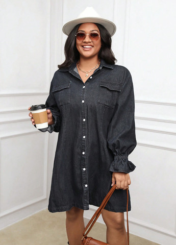Темно-серое джинсовое, кэжуал платье рубашка SHEIN однотонное