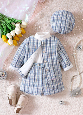 Голубой демисезонный костюм (жакет, гольф, шорты, берет) юбочный SHEIN